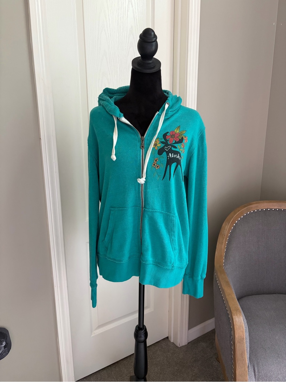 Women's Teal Zip Hoodie with Floral Moose Embroidery - Alaska